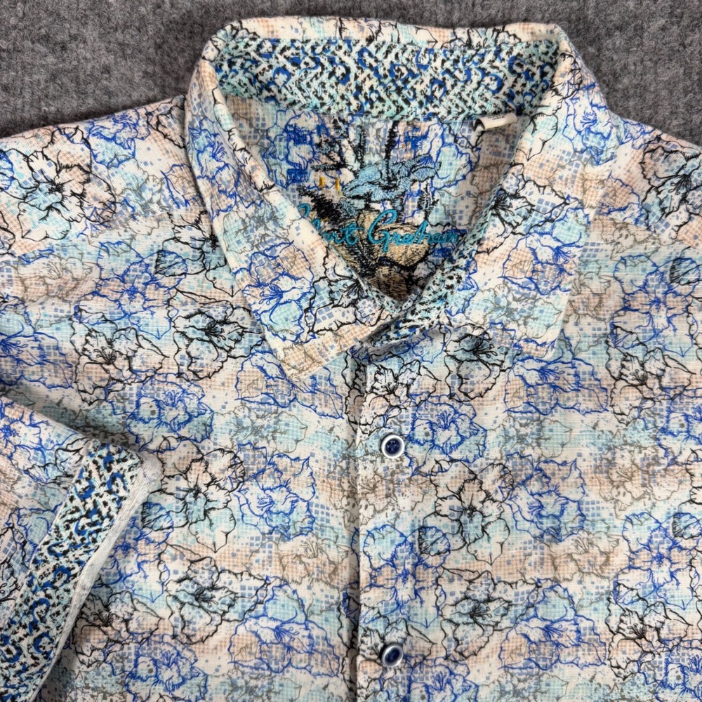 Robert Graham Shirt Floral Short Sleeve Mens XL Blue Linen Cotton Blend EUC